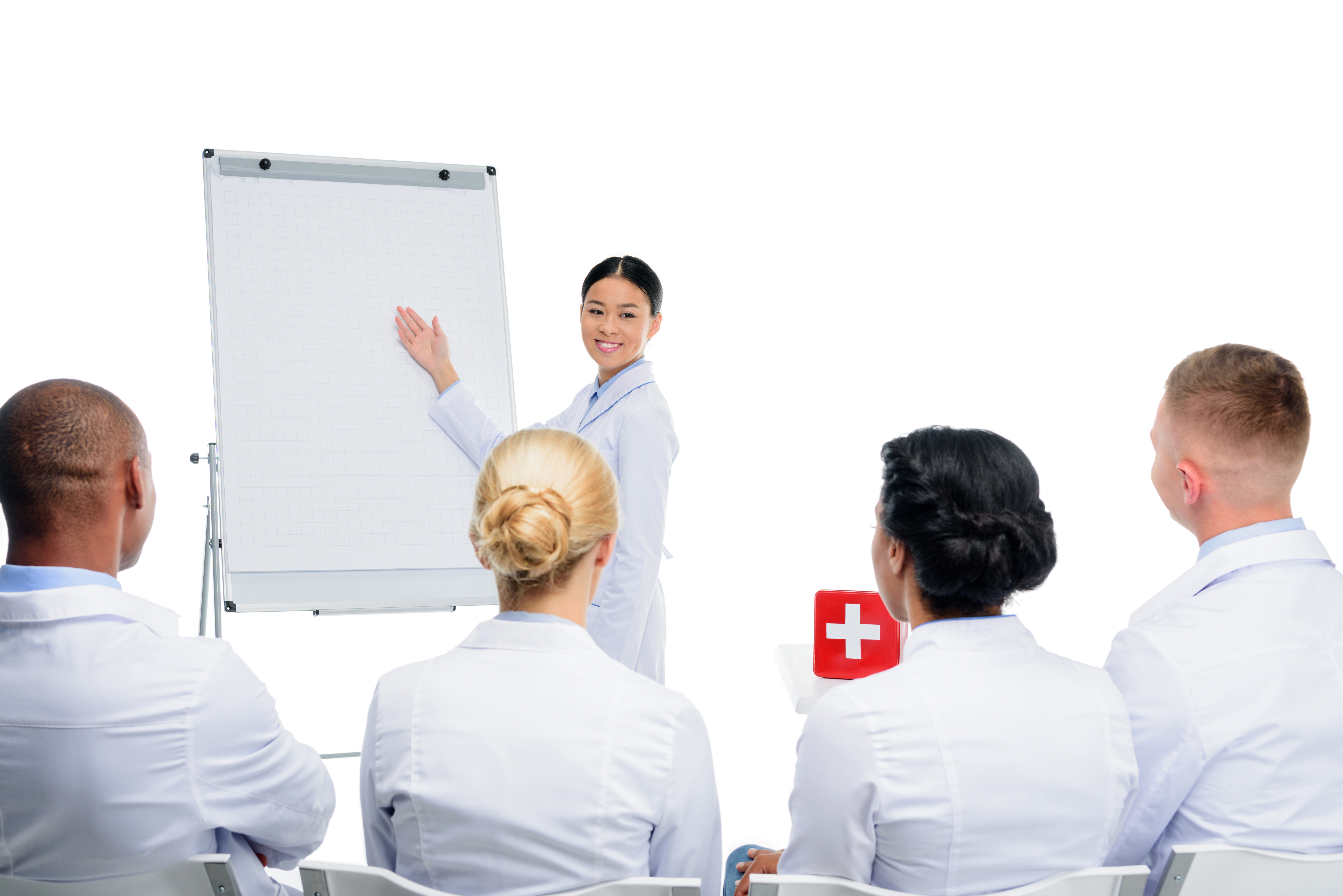 asian doctor presenting red first aid kit, isolated on white
